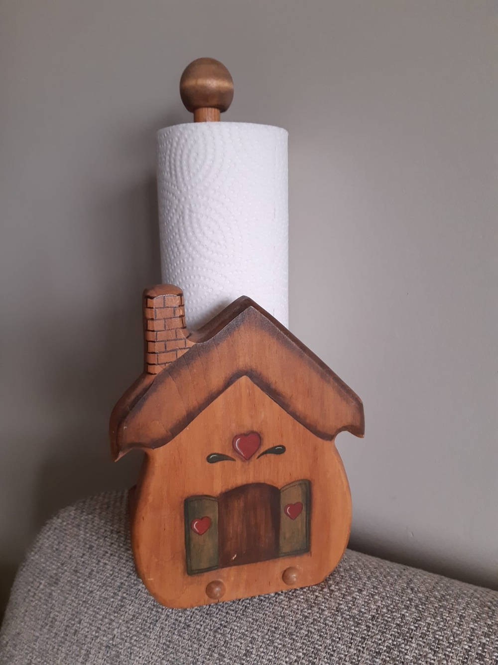 Wooden House Paper Towel Holder - Brown with Red Heart Accents